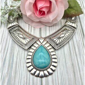 NWOT Silver Tone & Faux Turquoise Teardrop Bib Collar Necklace Southwestern 22"